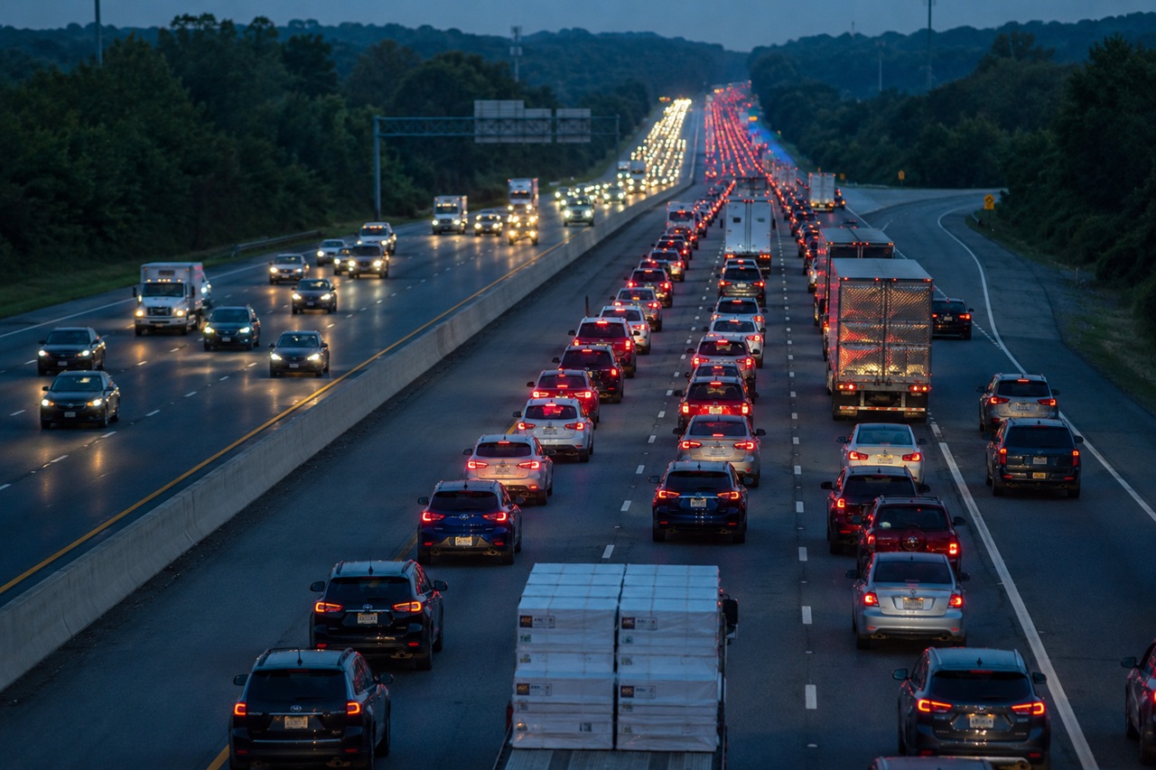 A high-angle view of dense commuter traffic at twilight on a major multi-lane highway in Maryland, where northbound lanes are packed with a long, continuous line of glowing red brake lights, contrasting with flowing headlights in the southbound lanes and commercial cargo trucks mixed throughout the gridlock.
