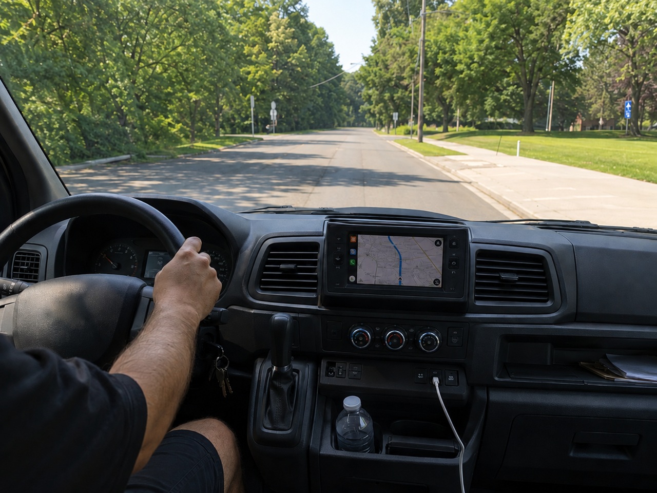 An Amazon delivery driver's view from behind the wheel of a delivery van on a residential Maryland street, relevant to a case involving an accident caused by a delivery driver.